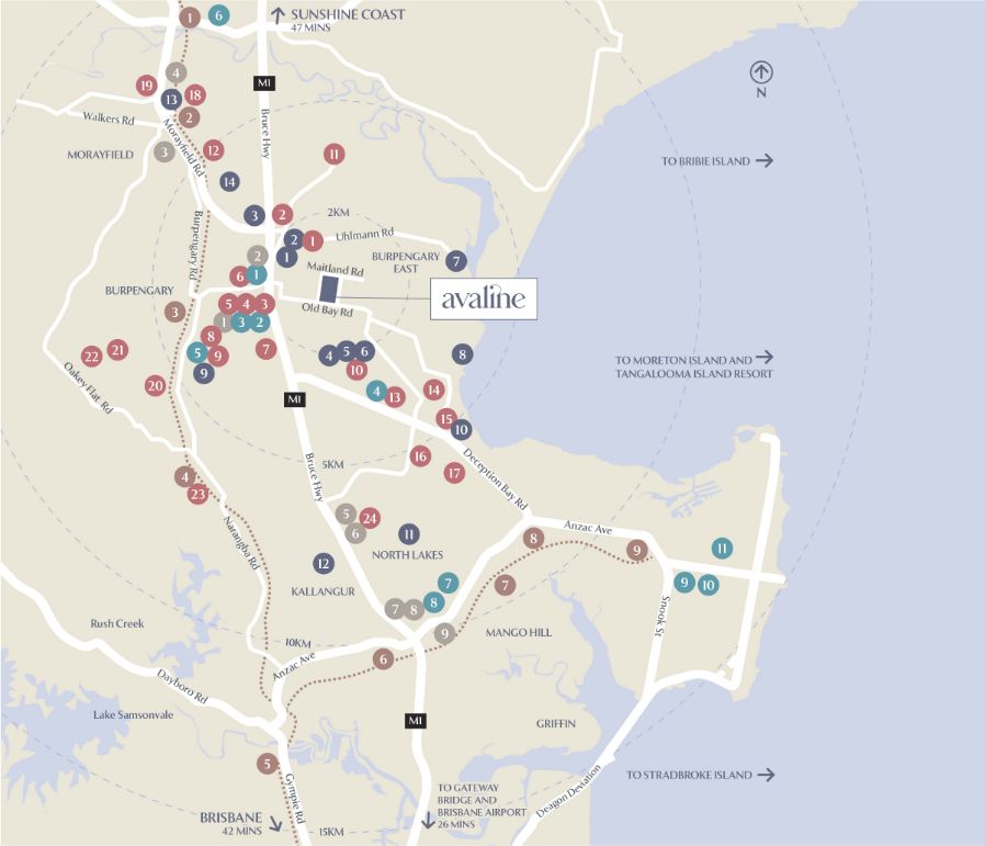 A map of Avaline and nearby amenities